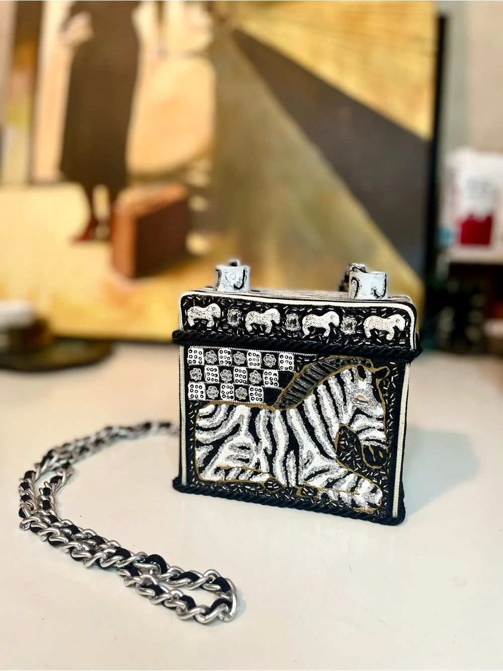Mary Frances Handcrafted Black & White Zebra Purse